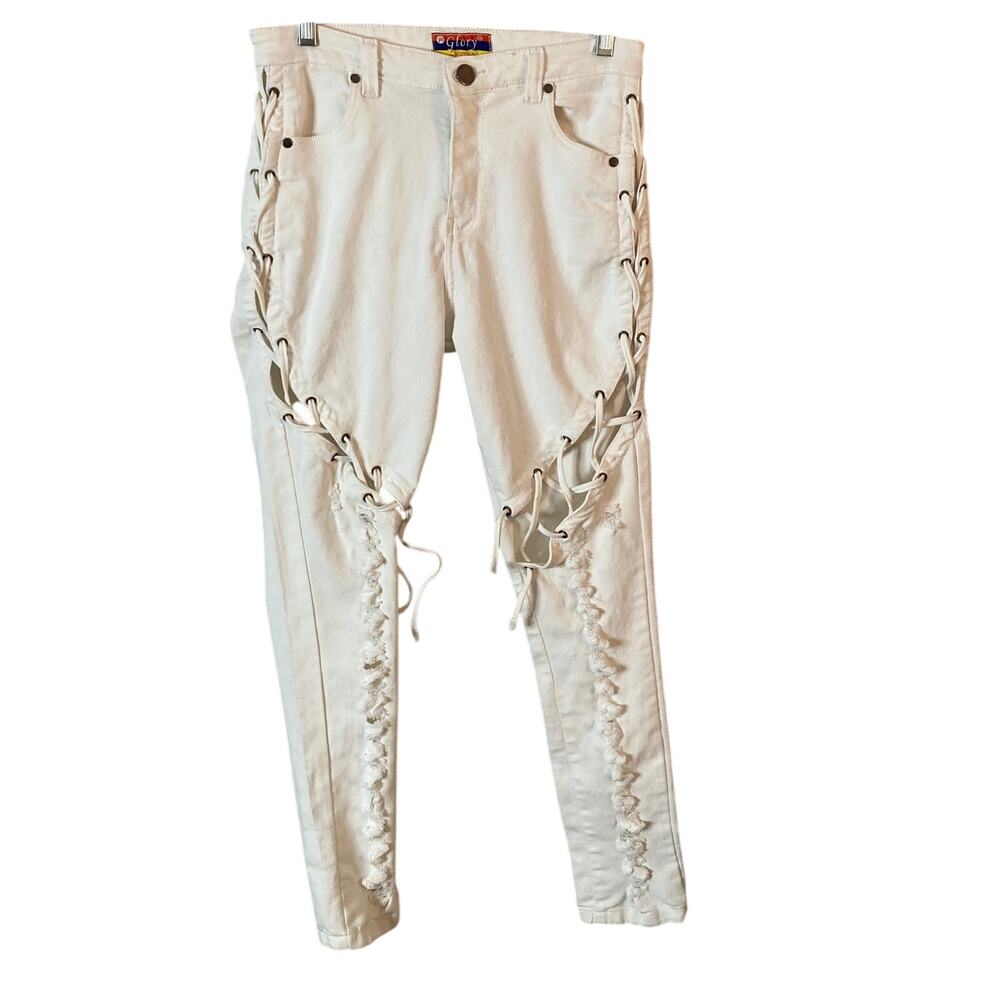 Go Glory Colombia White Lace-Up Distressed Jeans Womens M High Rise Sexy Skinny